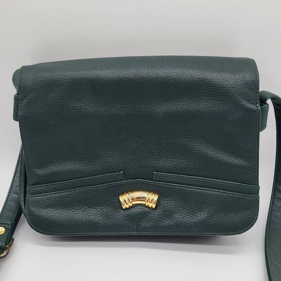 VTG Green Faux Leather Handbag Pocketbook Purse Gold Tone Decor - Picture 2 of 12